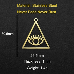 Detailed view of gold stainless steel triangle evil eye pendant with exact dimensions