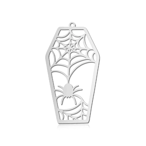 Detailed close-up of coffin-shaped pendant with intricate spider web and spider cutout design