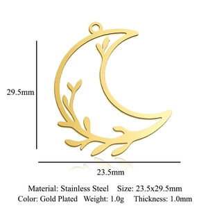 Gold plated stainless steel moon branch pendant necklace charms 23.5x29.5mm pack of 5