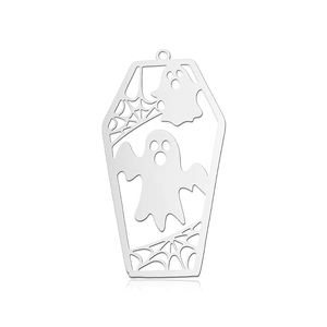 Close-up of hollow silver coffin pendant with ghost and cobweb detail for jewelry DIY
