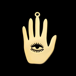 Macro shot of gold-plated stainless steel Hamsa Hand pendant with hollow eye detail