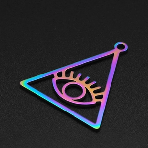 Close-up of rainbow stainless steel triangle pendant with the Eye of Providence design
