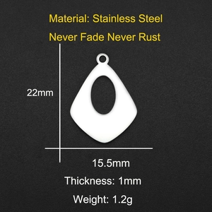 Detailed view of teardrop stainless steel pendant with size specifications 22mm x 15.5mm