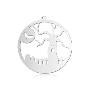 Polished stainless steel Halloween pendant featuring a spooky tree, bat, and full moon