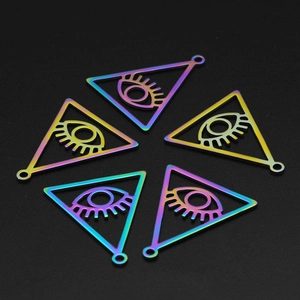Detailed macro view of five rainbow-plated stainless steel triangle evil eye charms