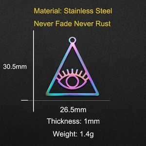 Detailed view of evil eye triangle pendant with dimensions 30.5mm x 26.5mm in rainbow steel