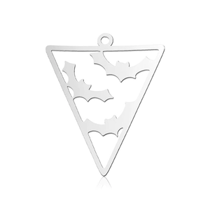 Detailed macro view of a silver triangular bat pendant with hollowed stainless steel design