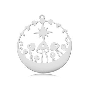 Detail of mushroom and moon phase stainless steel pendant for DIY jewelry making