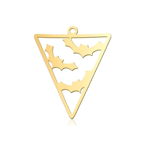 Detailed view of hollow triangular pumpkin charm with bat silhouette in gold finish