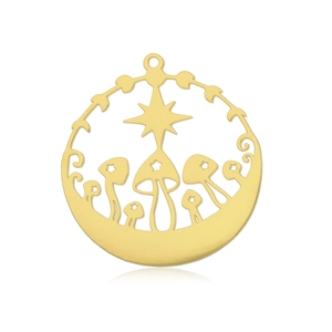 Detailed macro view of golden stainless steel hollow mushroom star and moon pendant charm