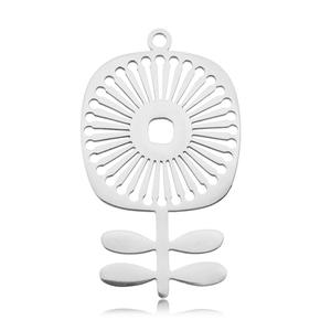 Detailed view of silver stainless steel flower pendant with hollow core and leaf accents