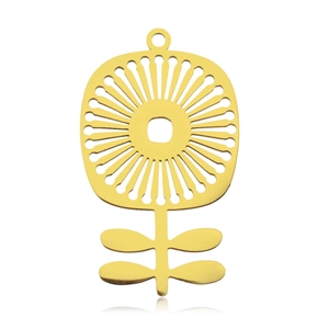 Detailed view of hollow gold stainless steel flower pendant with sunburst linear design
