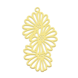 Close-up of golden triple daisy flower pendants in stainless steel with hollow design