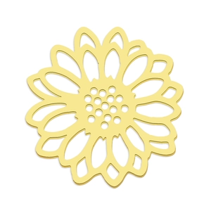 Close-up of golden sunflower hollow pendant in stainless steel for DIY jewelry making