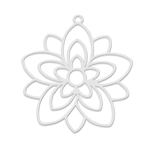 Detailed macro view of a silver stainless steel layered lotus flower charm with hanging loop