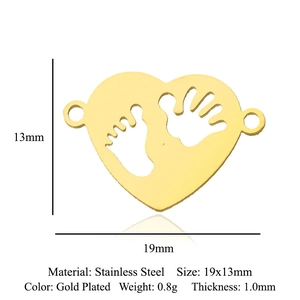 Detailed spec sheet of 19x13mm gold heart pendant with baby hand and footprints