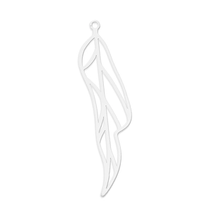 Macro detail of silver stainless steel feather wing pendant with intricate hollow cutouts
