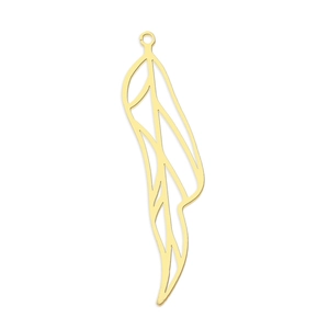 Detail shot of a hollow feather pendant in golden finish stainless steel design