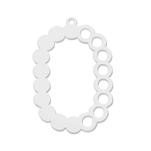 Detail showing an oval stainless steel pendant with textured dots and cutout circles