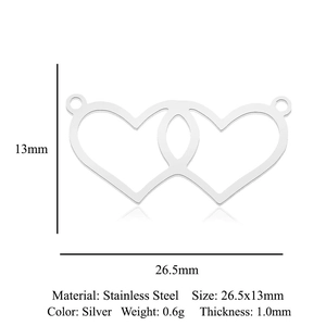Detailed size chart of interconnected heart pendants in silver stainless steel