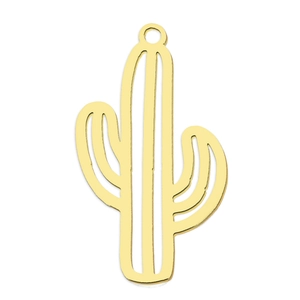 Macro detail of a hollow gold cactus charm pendant made of polished stainless steel