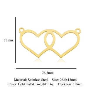 Macro view of gold-plated stainless steel interlocking heart pendants with size labels