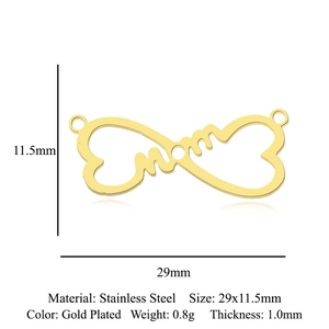 Macro view of gold plated stainless steel infinity mom pendant with 29x11.5mm size details