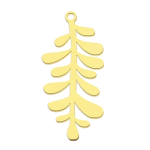 Detailed view of flat golden fern leaf pendant with smooth stainless steel finish
