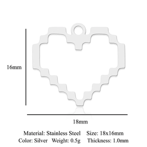 Silver pixelated heart stainless steel pendant with dimensions 18x16mm for DIY jewelry