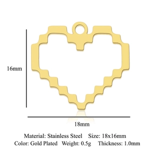 Macro detail of 18mm pixel-edge gold heart pendant showing precise dimensions and material
