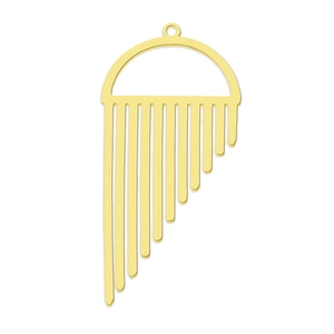 Detailed view of golden stainless steel geometric fringe pendant with tassel drop bars
