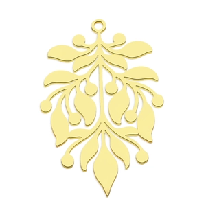 Macro detail of a golden stainless steel leaf pendant with smooth polished finish