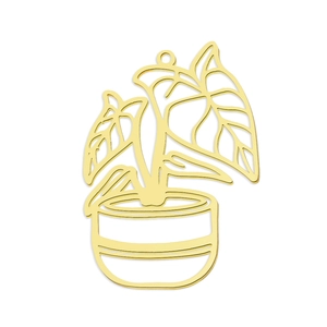 Detailed view of a gold hollow-out monstera plant pendant made of durable titanium steel