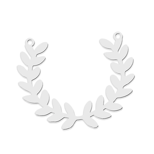 Close-up of polished stainless steel laurel leaf pendant with double hanging holes