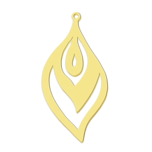 Detailed close-up of a gold teardrop pendant with hollow leaf pattern for DIY jewelry