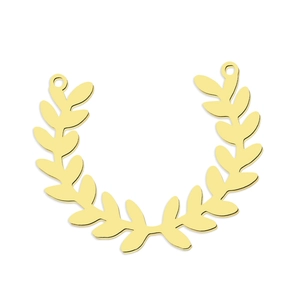 Detail of golden laurel wreath leaf pendant with dual hanging loops and polished finish