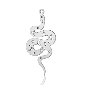 Detailed view of silver stainless steel snake pendant with hollow star and moon patterns