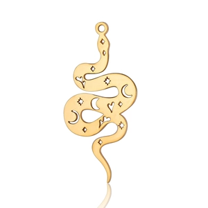 Detailed close-up of S-shaped golden stainless steel snake pendant with hollow star motifs