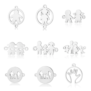 Family silhouette charms set including boy, girl, and hand designs in stainless steel