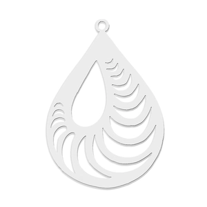 Detailed view of hollow teardrop-shaped stainless steel pendant with radial wave pattern