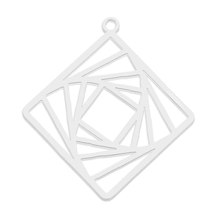 Macro view of geometric silver square pendant with hollow nested lines and top ring