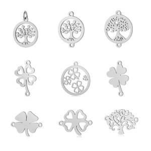 Polished stainless steel Tree of Life and Clover charms set for jewelry DIY making