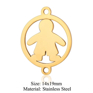Close-up of golden stainless steel round pendant with child silhouette and 14x19mm dimensions