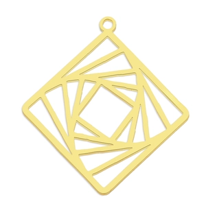 Macro shot of geometric hollow gold-plated pendant with spiral pattern and ring loop