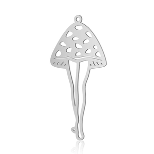 Macro detail of silver stainless steel mushroom charm with leg-shaped pendant base