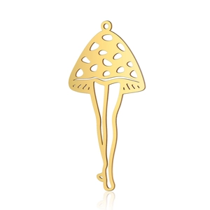 Detailed close-up of golden mushroom pendant with human legs and openwork dots
