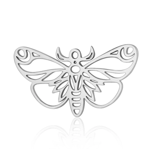 Detailed close-up of hollowed-out butterfly wing pendant in polished stainless steel