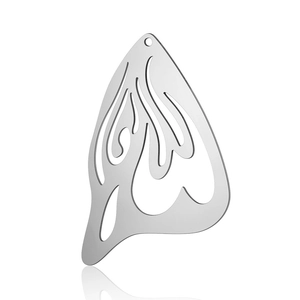 Macro detail of silver stainless steel wing pendant with elegant cutout wave patterns