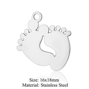 Five-pack of silver stainless steel baby feet pendants for DIY jewelry 16x18mm