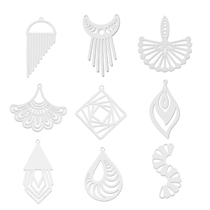 Set of 9 white geometric stainless steel pendants with ginkgo leaf and square designs